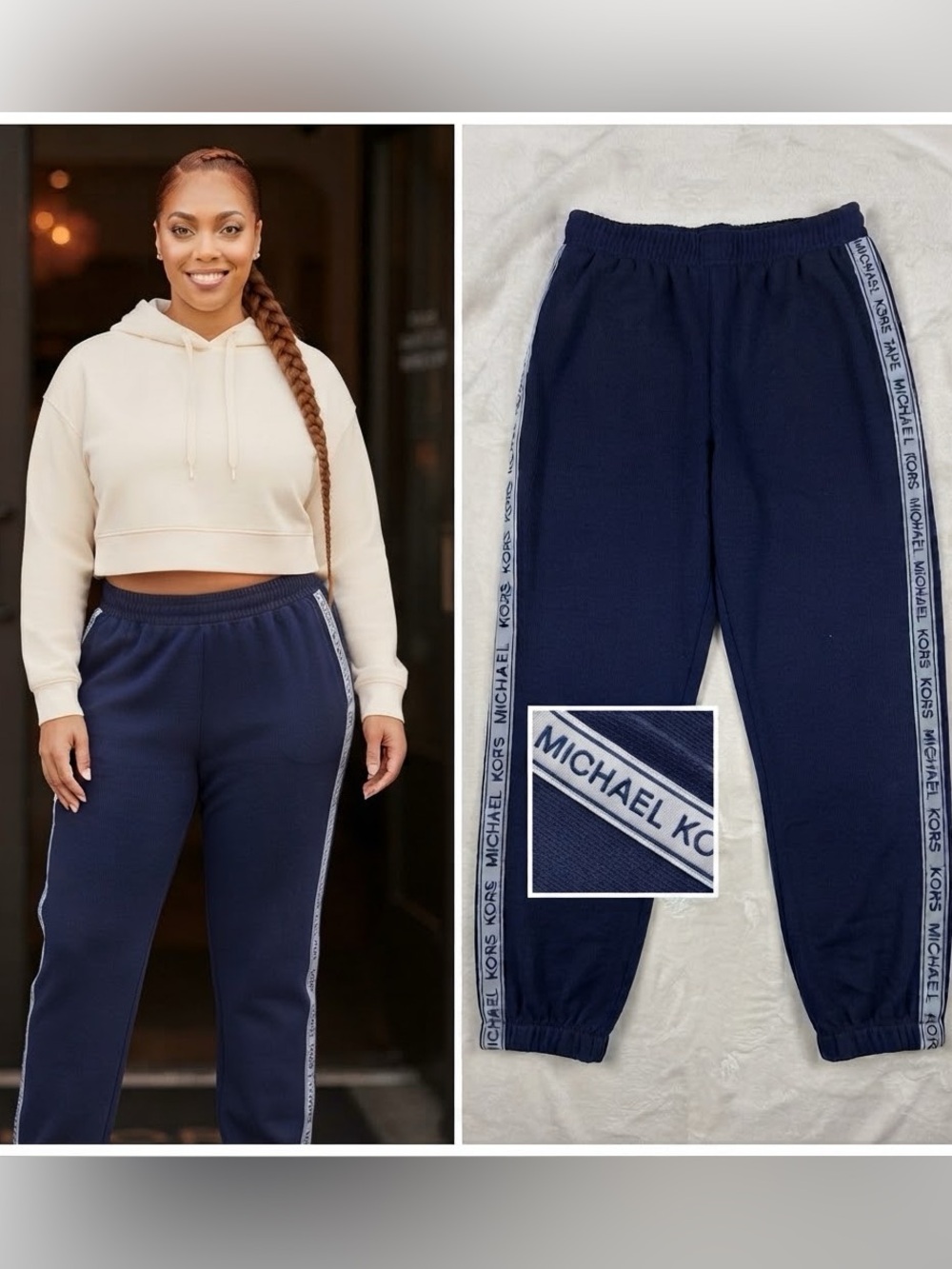 Michael Kors Women’s Athleisure Navy Logo Tape Jogger Pants Drawstring Waist 1X